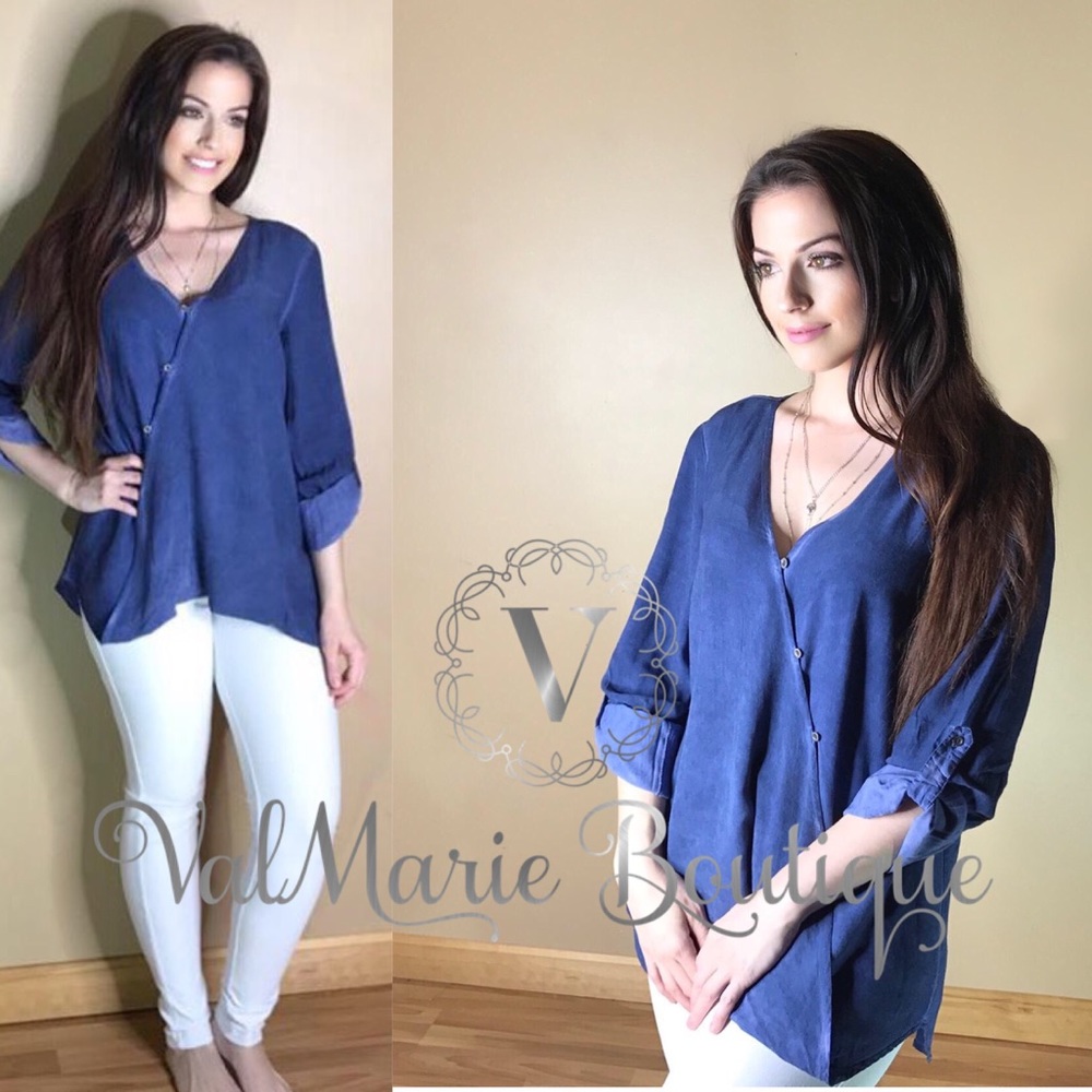 Denim Colored Surplice Button Blouse - Picture 2 of 7